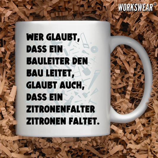 Handwerker Geschenkidee, Kaffeebecher bedruckt Bauleiter workswear.de