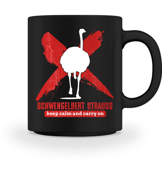 Schwengelbert Strauss Kaffeebecher schwarz bedruckt