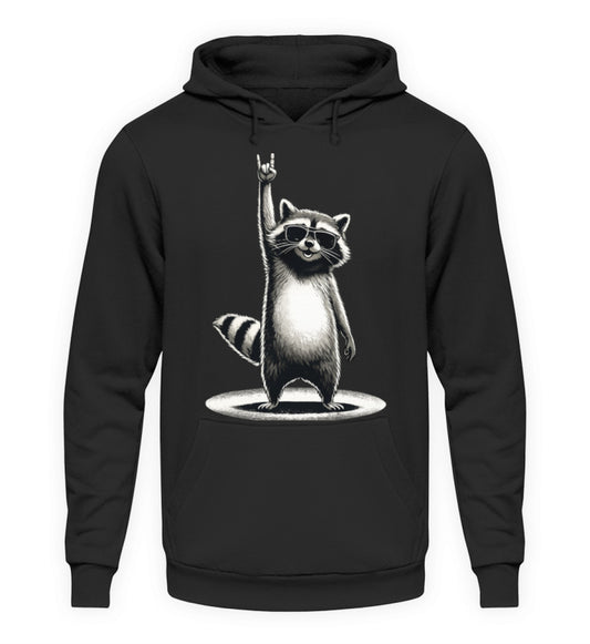 Waschbär Hoodie im Rock Style mit Sonnenbrille und Handzeichen / Unisex Hoodie schwarz