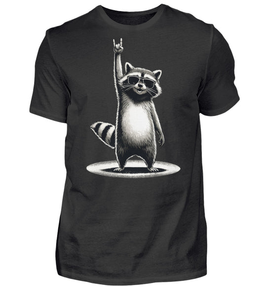 Waschbär T-Shirt mit Sonnenbrille im Rock Style auf schwarzem Shirt - Hauptbild